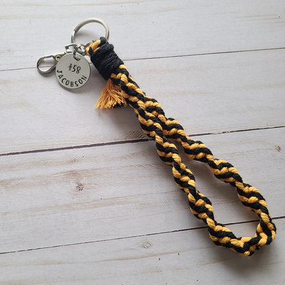 Spiral Macrame Wristlet with Jersey # and Name Tag, Custom Sports Tags, Macrame Wristlet for Soccer Moms, Personalized Gifts for Her