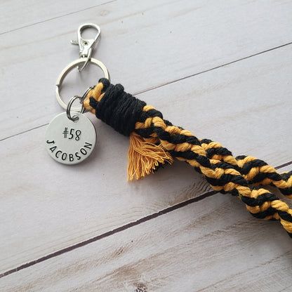 Spiral Macrame Wristlet with Jersey # and Name Tag, Custom Sports Tags, Macrame Wristlet for Soccer Moms, Personalized Gifts for Her