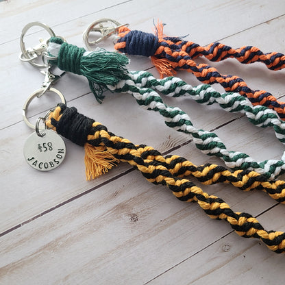 Spiral Macrame Wristlet with Jersey # and Name Tag, Custom Sports Tags, Macrame Wristlet for Soccer Moms, Personalized Gifts for Her