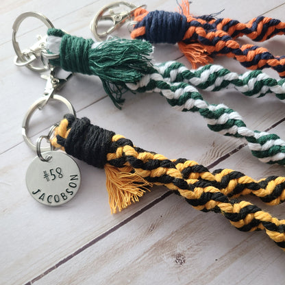 Spiral Macrame Wristlet with Jersey # and Name Tag, Custom Sports Tags, Macrame Wristlet for Soccer Moms, Personalized Gifts for Her