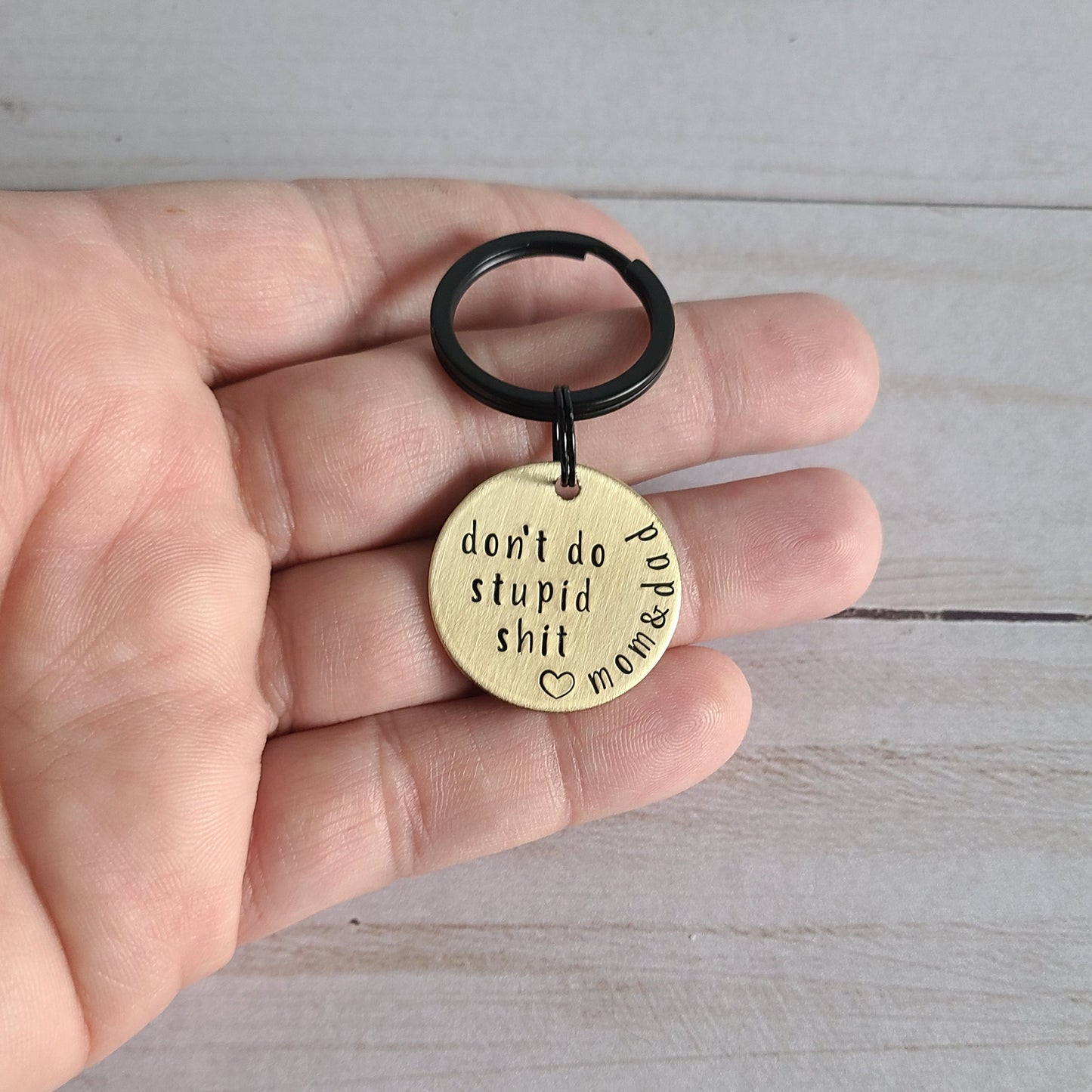 Don't Do Stupid Shit Love Mom and Dad Keychain, Teen Driver Gifts, Funny Handstamped Key Ring for Teenagers, Sweet 16 Gifts