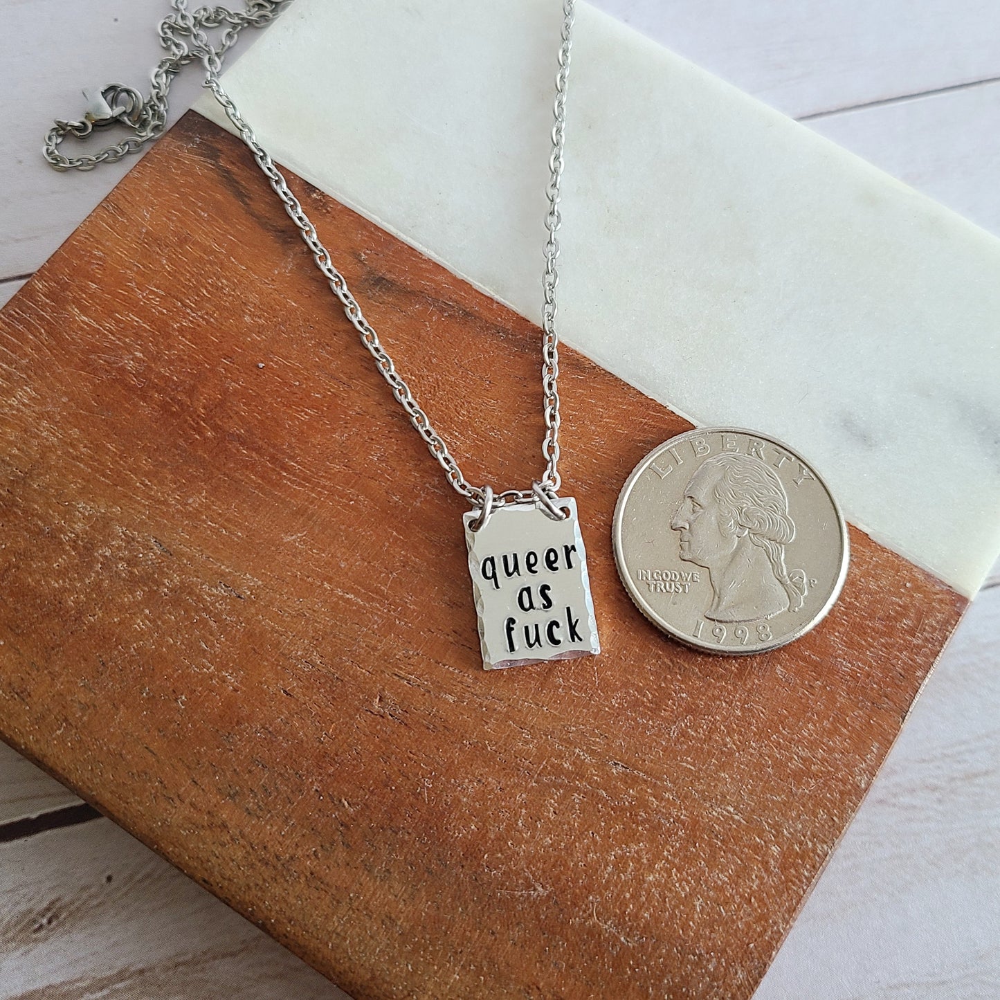 Queer AF Tiny Handstamped Pendant, Silver Queer Jewelry, Super Gay Necklace, Queer Magic Gifts, Pride Month Accessories