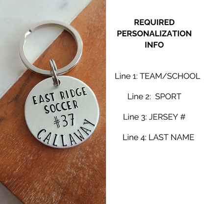 Custom Team Player Keychain, High School Sports Backpack Tag, Custom Sport Keychain With Player Number and Last Name, Choose Your Sport, Custom Soccer Gifts, Hand Stamped Metal Keychain