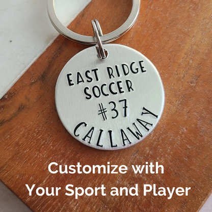 Custom Team Player Keychain, High School Sports Backpack Tag, Custom Sport Keychain With Player Number and Last Name, Choose Your Sport, Custom Soccer Gifts, Hand Stamped Metal Keychain